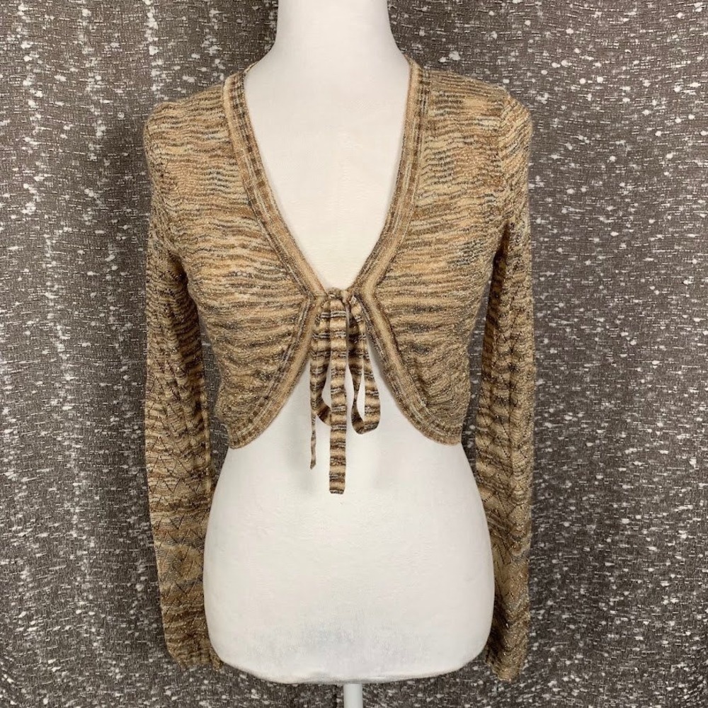 Vintage WR Petite Brown Knit Tie Front Top Long Sleeve Boho Y2K Women's PS